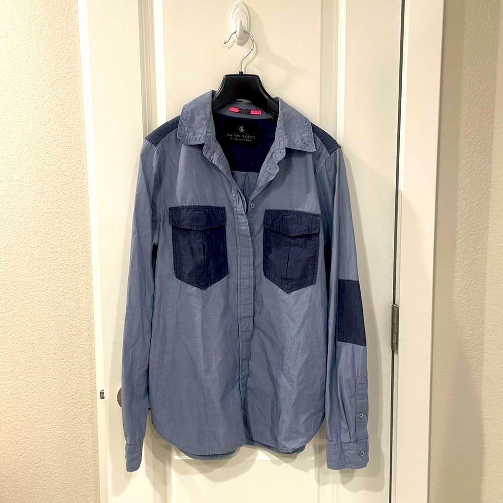 Maison Scotch button up navy patched shirt